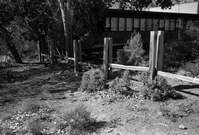 Wooden fence being built during the construction of headquarters addition.