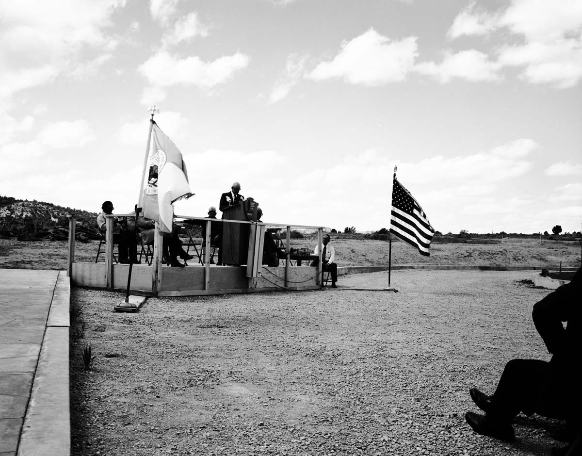 Elder Theodore M. Tuttle, general authority of Latter Day Saints (Mormon) Church, addressing visitors at the dedication of new Tribal and National Park Service Visitor Center and 50th anniversary at Pipe Spring National Monument.