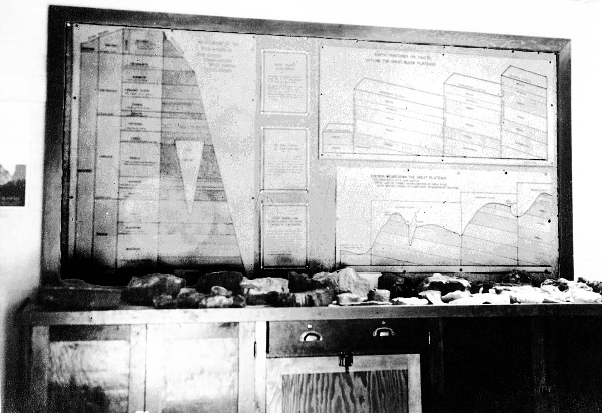 Geological case - museum exhibit in old museum, pre-Mission 66 Visitor Center and Museum.