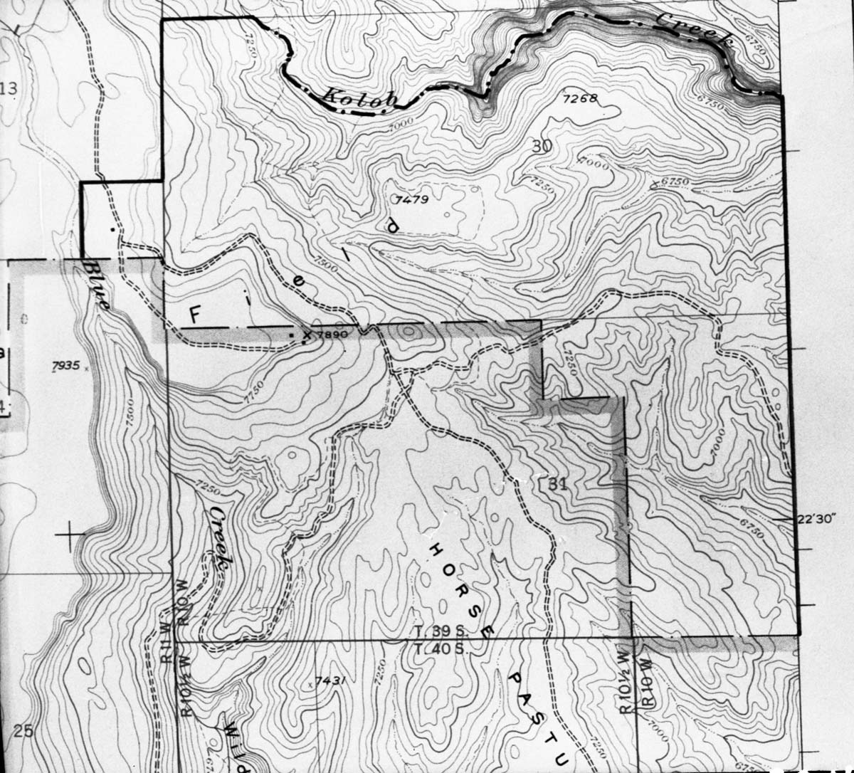 Copy of topo map of Blue Springs area, land condemned for park use - sections 30 and 31, T 39 S, R 10 W.
