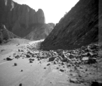 BW photos of rock slides in Kolob Canyons - 110mm. Rock slide over roadway.