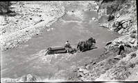 Narrows Trail construction- view of a man on a horse drawn wagon crossing the Virgin River.