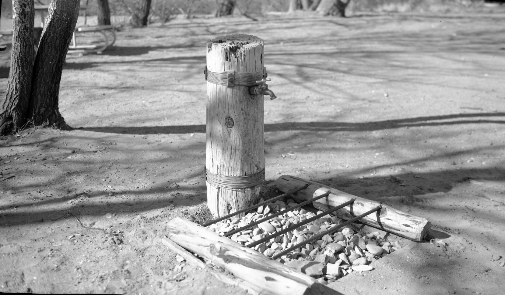 A campground faucet at the Pipe Spring picnic area, showing design to prevent splashing and mud holes and for easy cleaning.