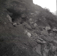 BW photo of rock slide near Echo Rock - 2.5" x 2.5".