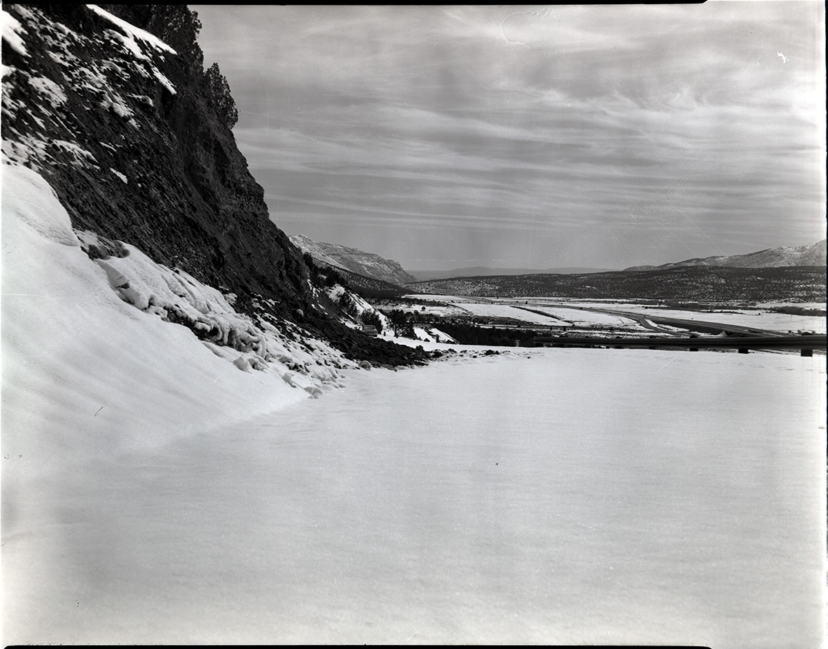 Snow covering the roads and mountain sides on the main Kolob entrance road.