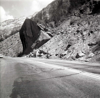 BW photo of rock slide near Echo Rock - 2.5" x 2.5".