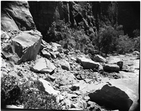 BW photo of a rock slide along the Narrows Trail.