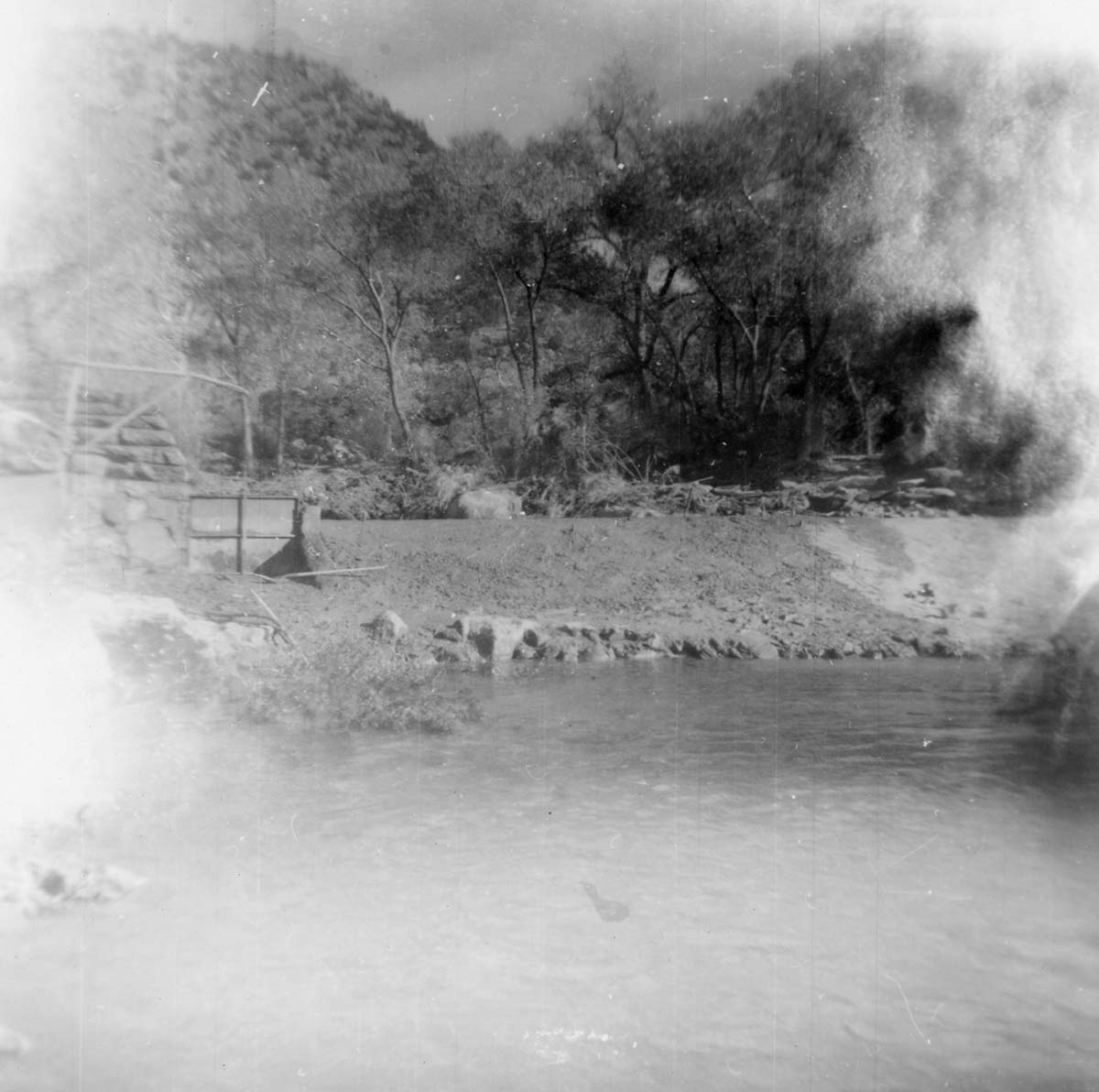 BW photo of the construction/modification of the Canyon Junction Spillway on the Virgin River.