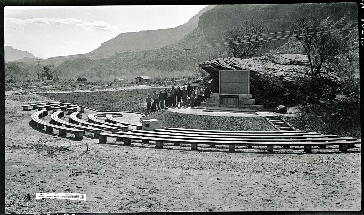 Campfire lecture circle (amphitheater) at Camp Center, Civilian Conservation Corps (CCC) project, workers.