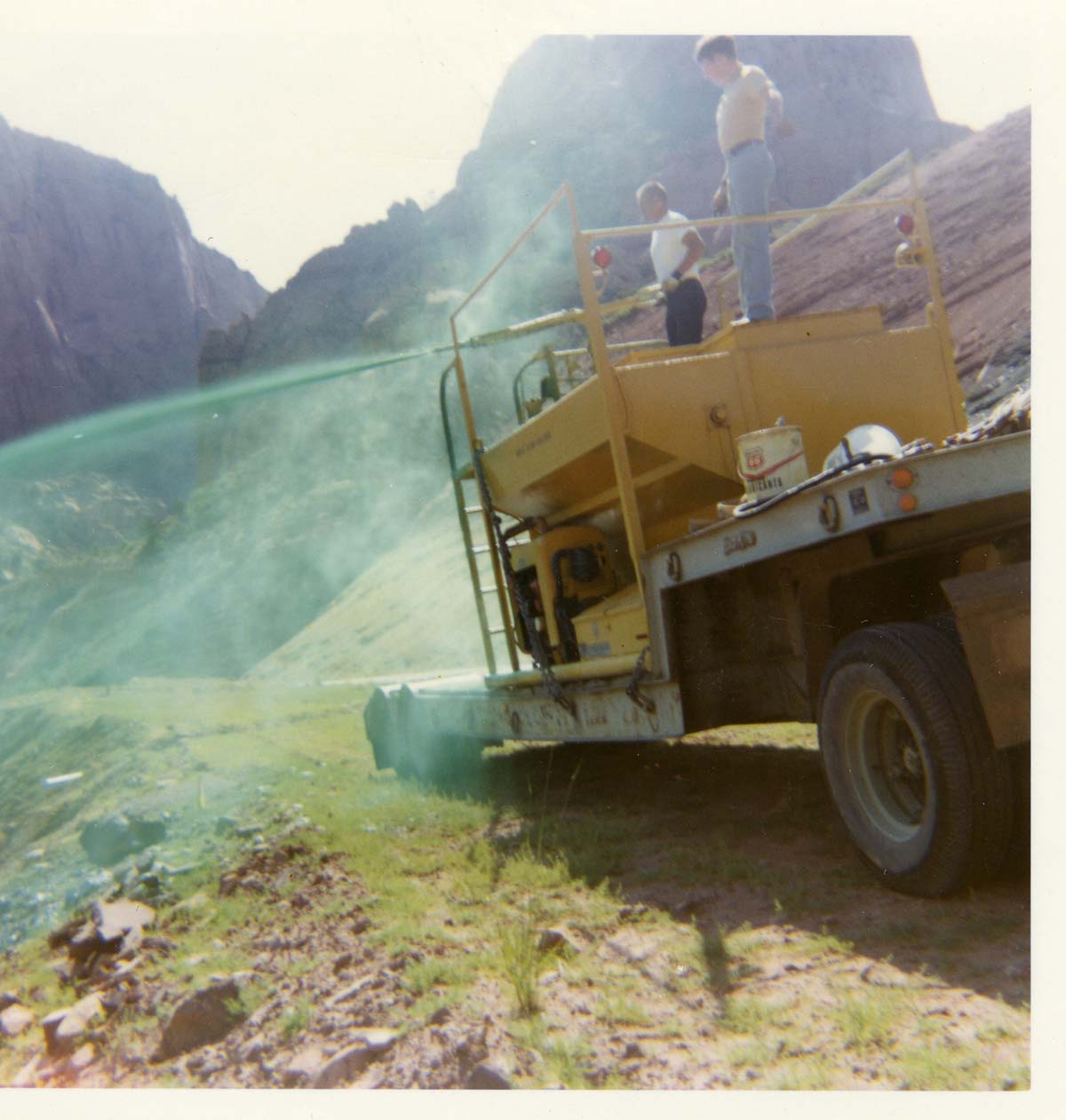 Color photo of the hydroseeding experiment along the Kolob Canyon Road.