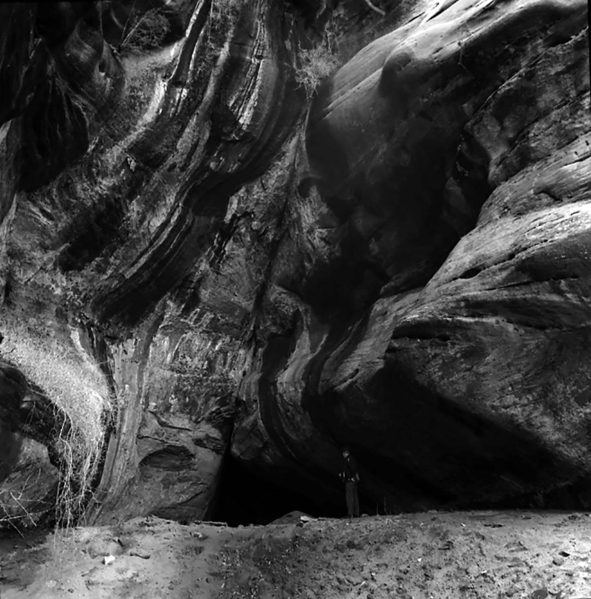 42WS0069. Indian cave in Cave Valley, for the documenting pot hunter activities. Larry Florea in background.