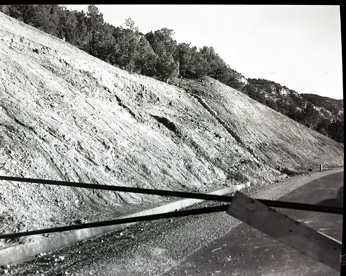 Erosion along Taylor Creek road caused by heavy winter snow and spring thaw. [Kolob Canyon]