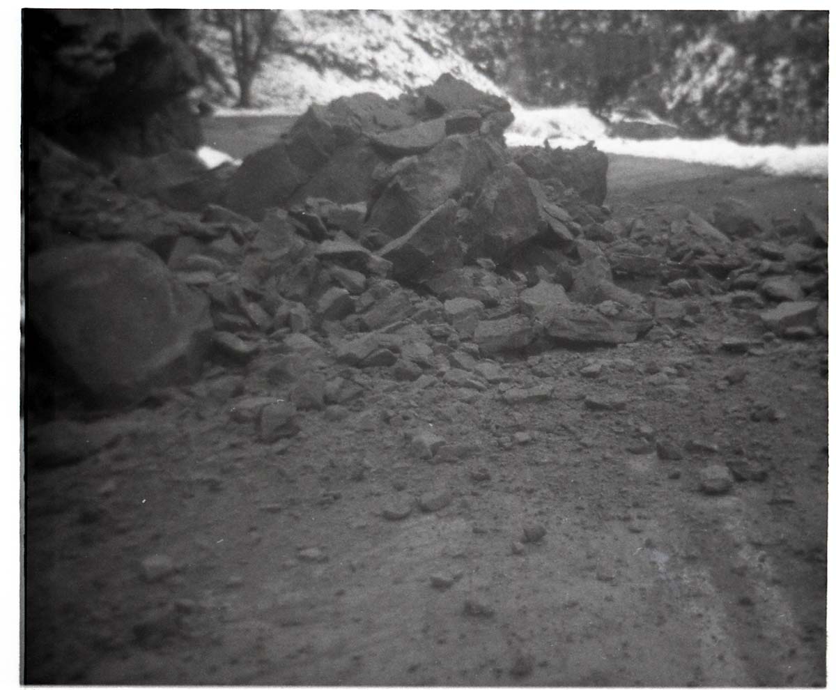 BW Photo of a rock slide along Route 2 - 110mm.