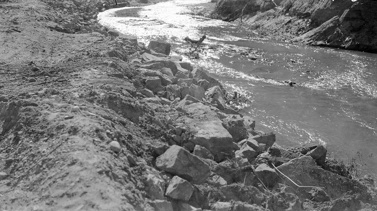 Revetment work along last bank of channel-change #2 during progress of construction.