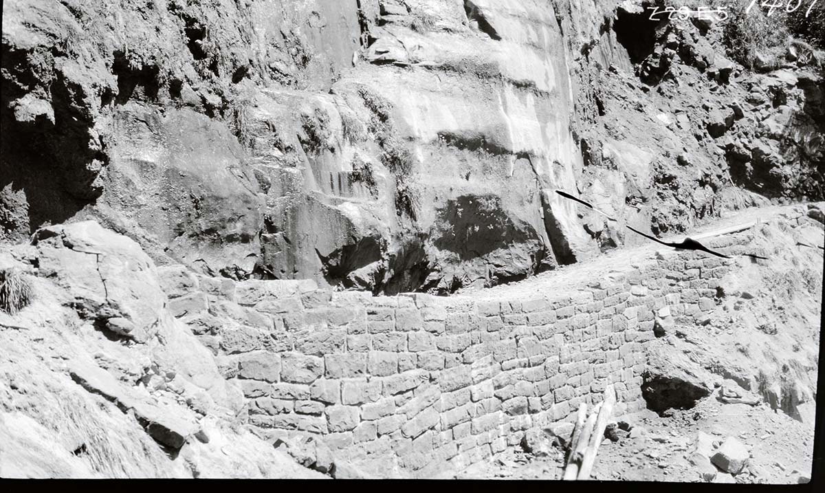 Narrows Trail construction- view of cement and rubble masonry wall at station 30-60.
