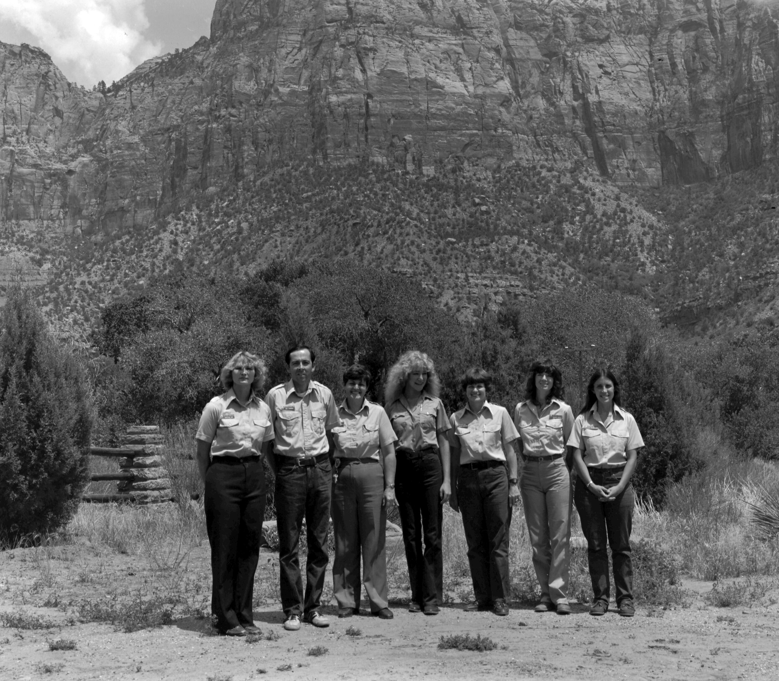 Personnel, 1982: Zion Natural History Association (ZNHA) employees. Personnel (left to right): Christine Dick, Joel Fishbien, Marion Hilkey, Caroline Nicholson, [unidentified woman], and Jill Blumenthal.