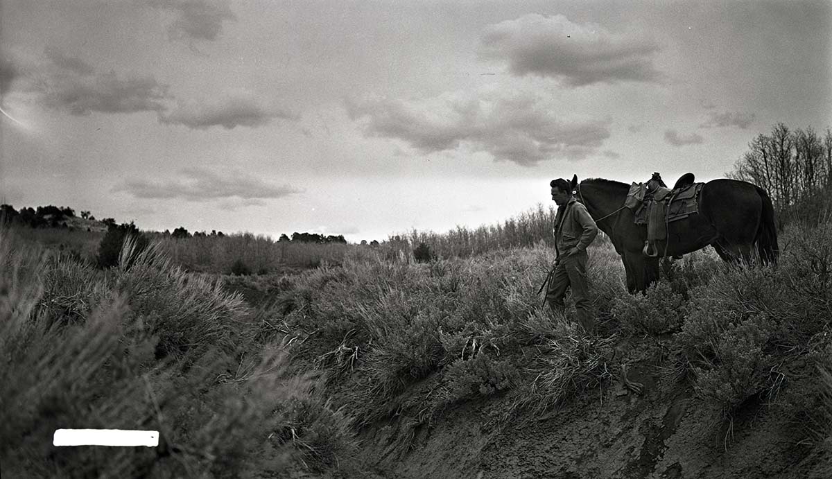 Man standing with his horse near an eroded gully, 'hog heaven' on the Kolob Terrace.