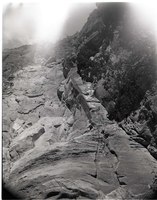 BW photo of a rock slide along the Narrows Trail.