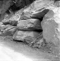 BW photo of rock slide near Echo Rock - 2.5" x 2.5".