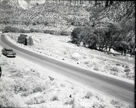 Construction of road between entrance station and Virgin River bridge near the Zion Inn.