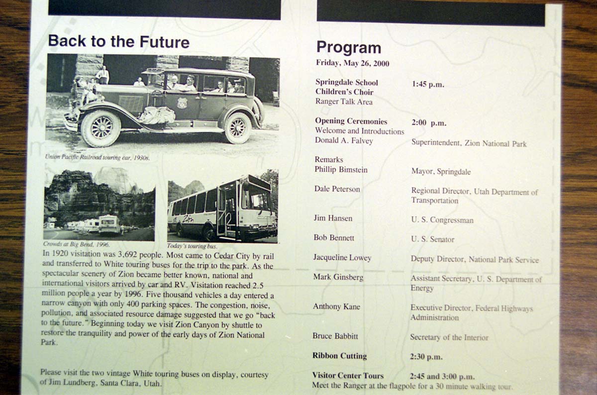 Color Photos of the official launch of the Zion shuttle system- same day as the new visitor center opening.