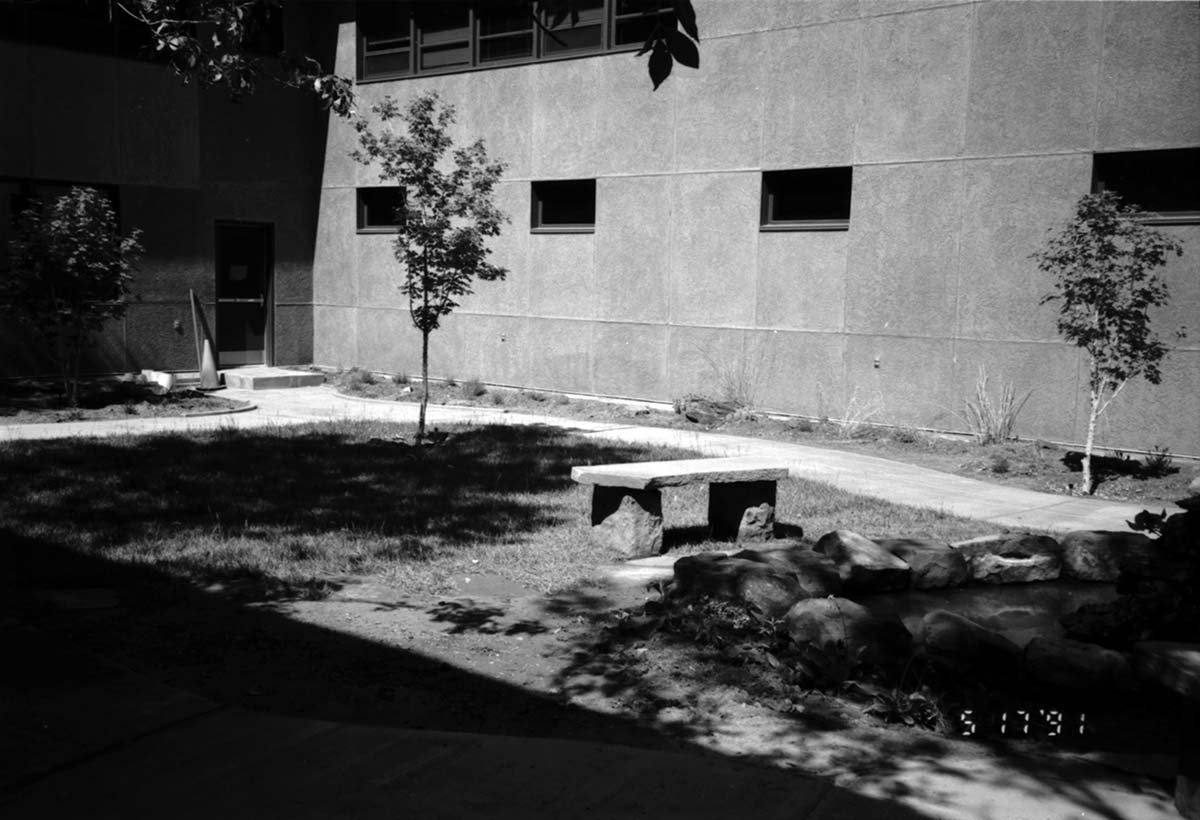 Courtyard are in headquarters during the construction of headquarters addition.