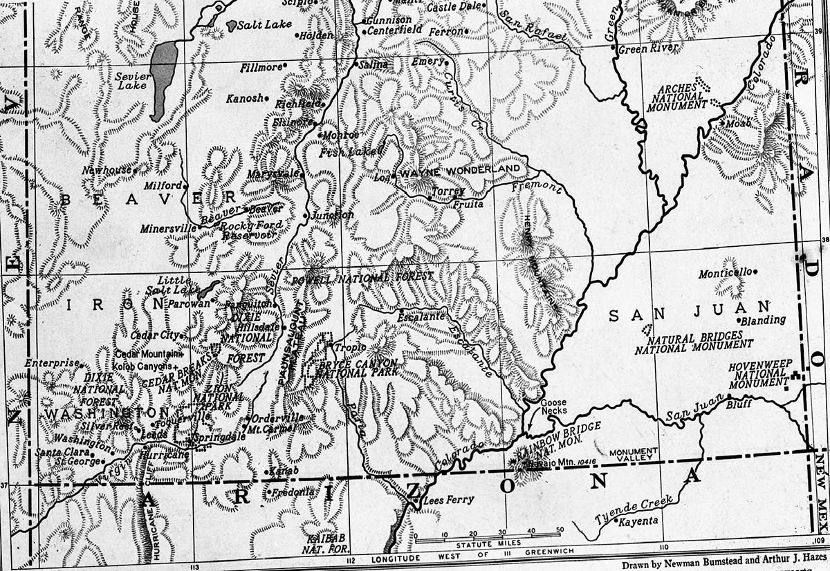 A map of southern Utah noting national parks and monuments.