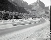 Traffic separator for the realignment of Highway 1 (park highway, State Route 9), at Mission 66 Visitor Center and Museum.