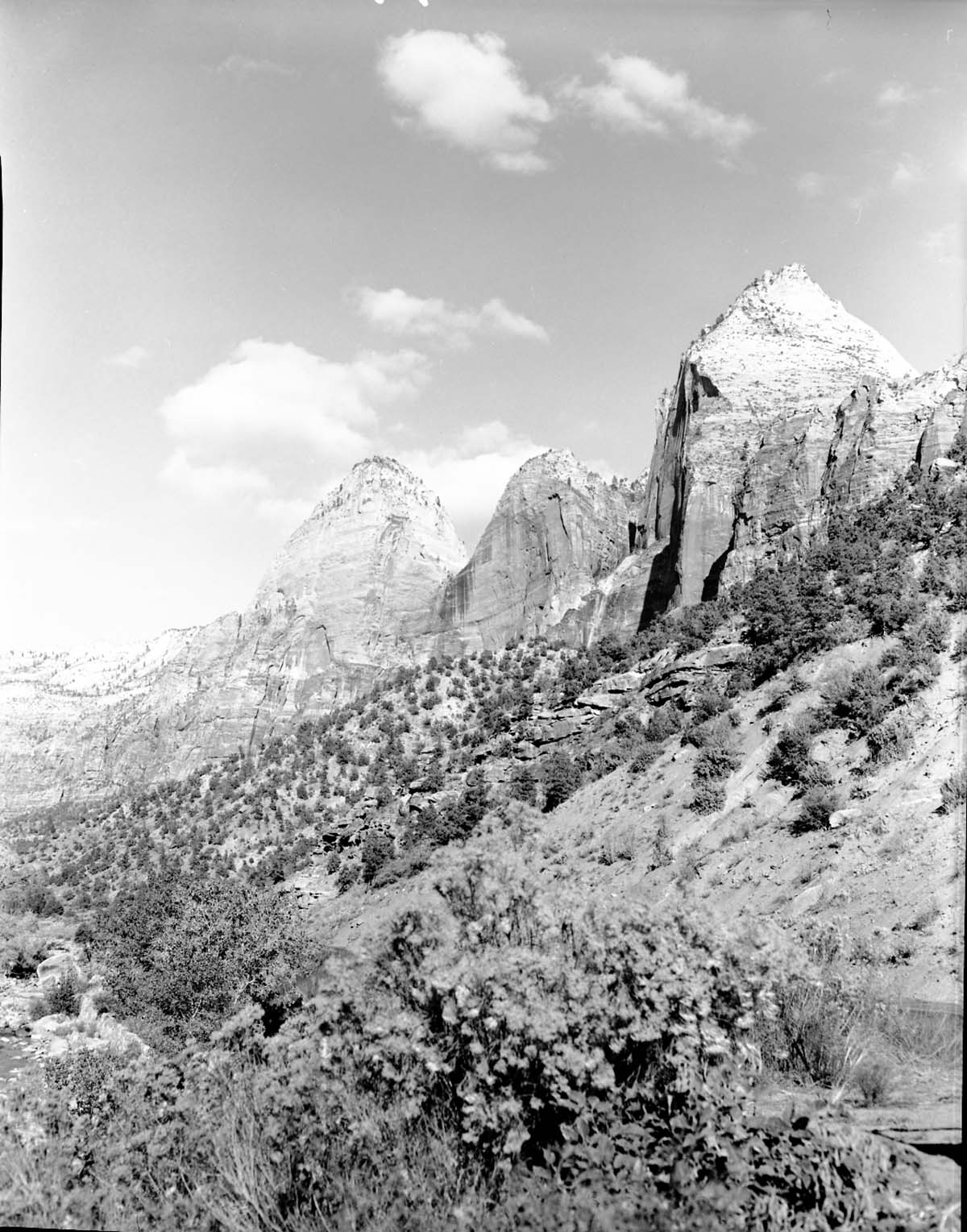 View looking up Zion Canyon at twin brothers and Mountain of the Sun, along the east wall of Zion Canyon.