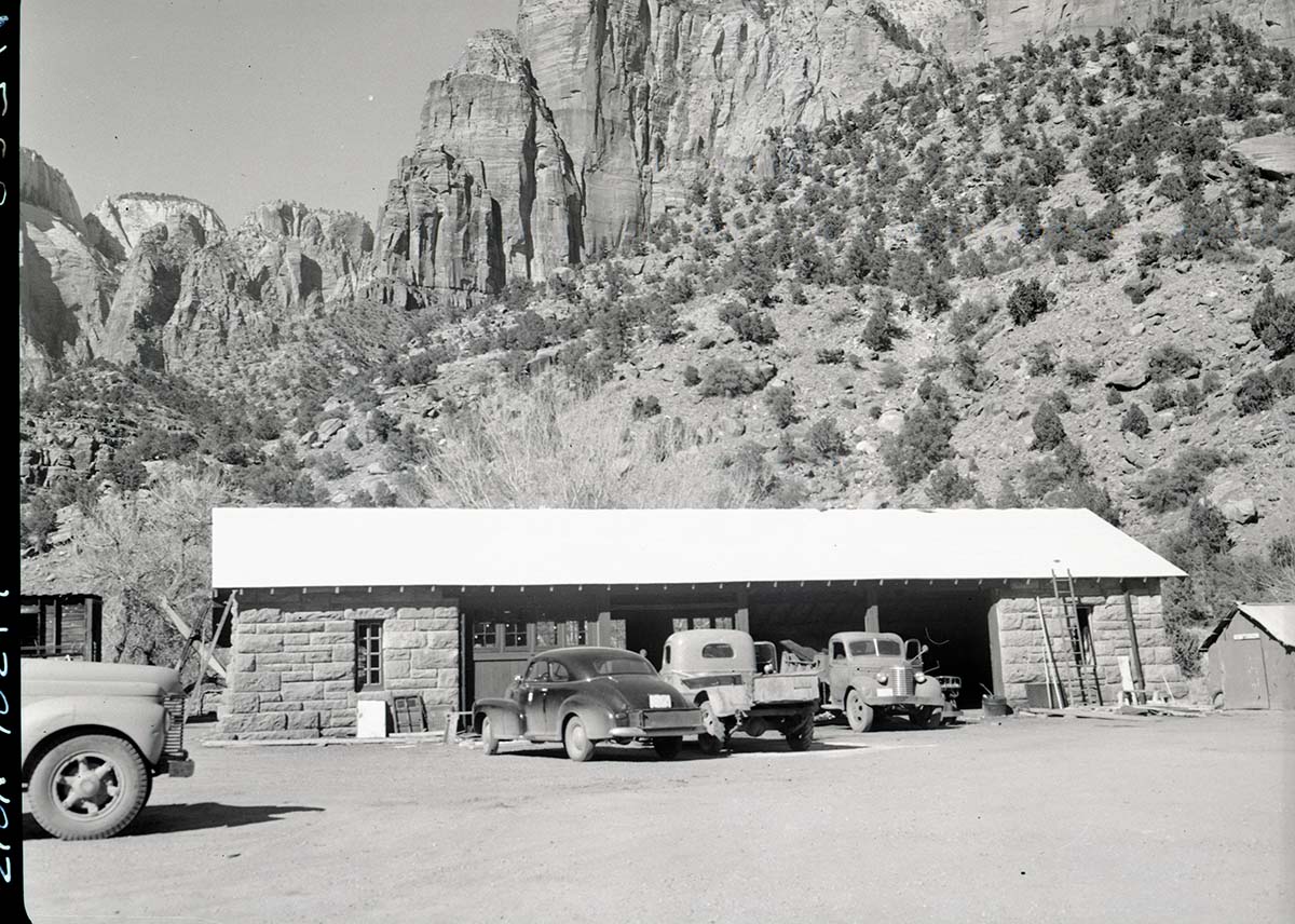 Reconstruction of machine shop, Building 77 after fire of January 3, 1953. Roof has been restored, but doors remain to be rebuilt.