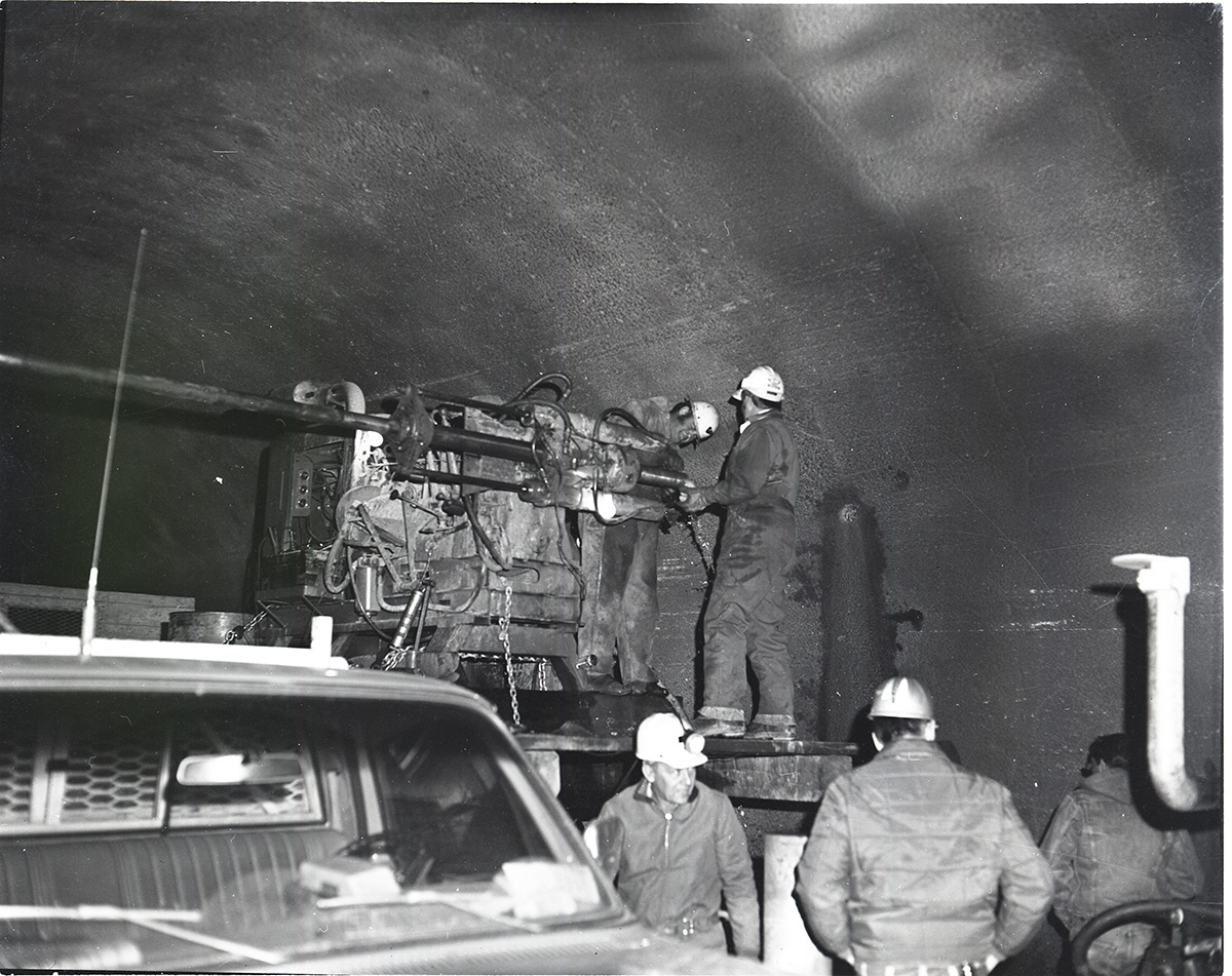 Machinery and crews drilling test cores in Zion-Mt. Carmel tunnel.