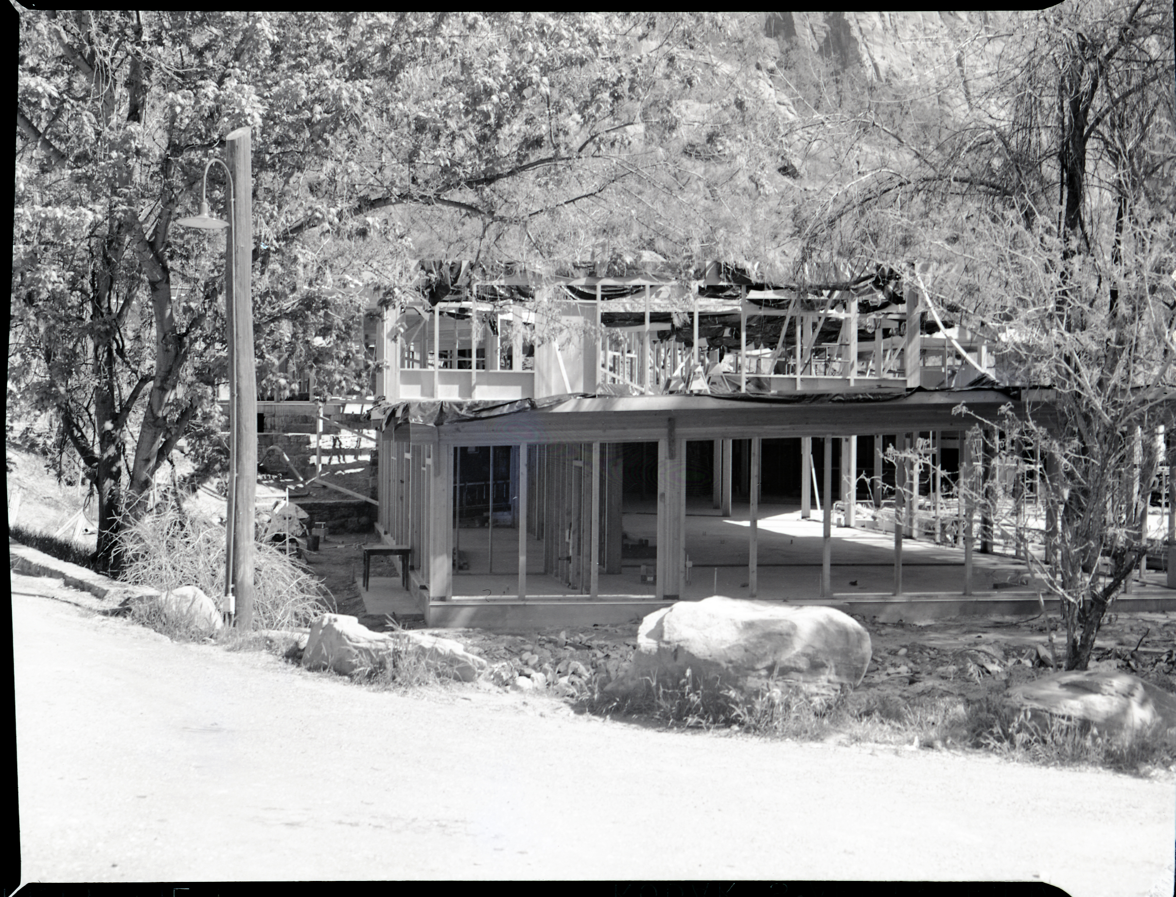 Rebuilding Zion Lodge after fire of January 28, 1966 - general view of construction.