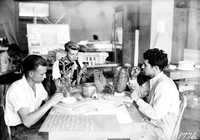 Civilian Conservation Corps (CCC) workers at the Western Museum Laboratory (WML) preparing cacti reproductions for diorama - wax with either bristle spines or real spines gathered from desert. Every species in Zion has been duplicated. [Image is identical to ZION 10364.]