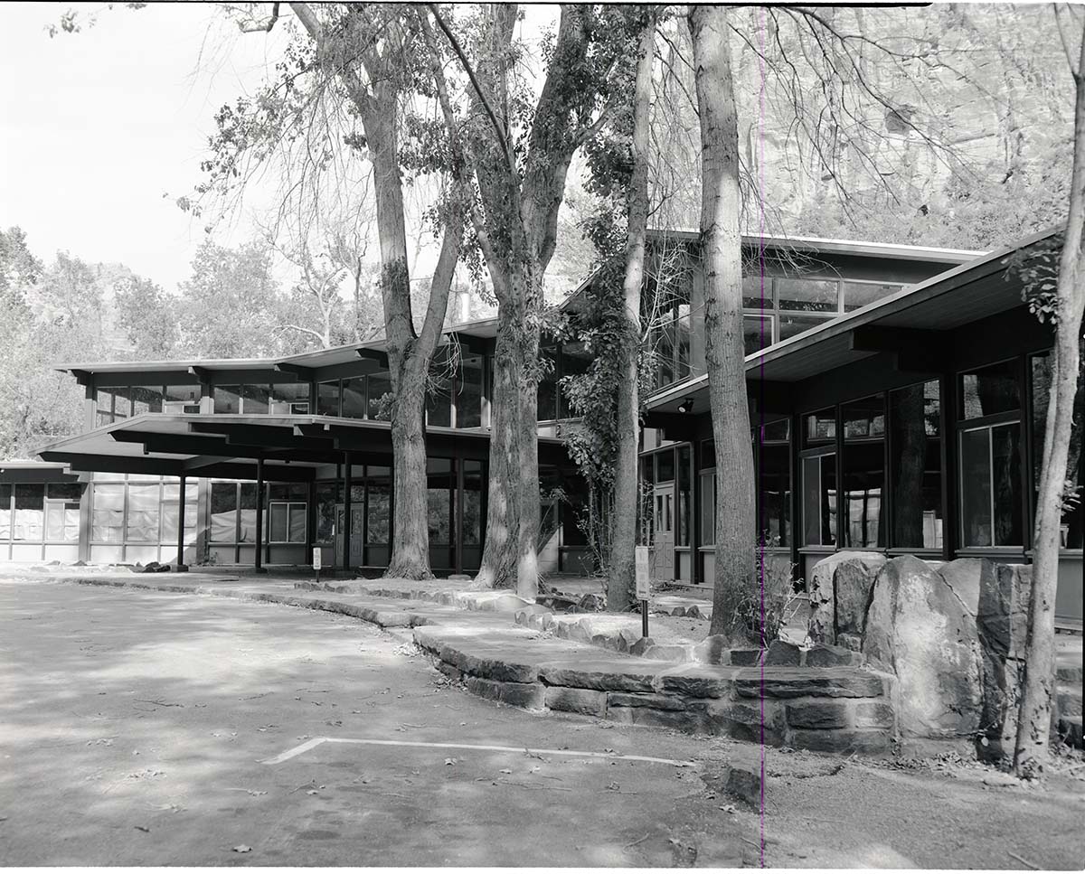 Reconstructed lodge after burning down on January 28, 1966. Main lobby (lower level), dining room (upper level), and auditorium (extreme right).