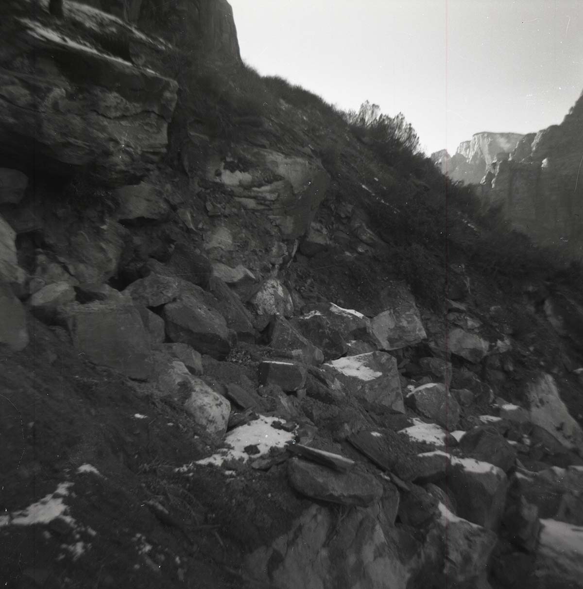BW photo of rock slide near Echo Rock - 2.5" x 2.5".