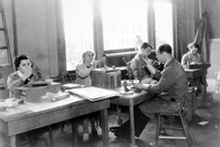 Five sculptors producing the human figures for the Zion Museum's Indian Pueblo diorama exhibit.
