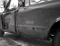 Snowplow accident, county line curve along East Entrance road showing vehicle that slid into snow plow.