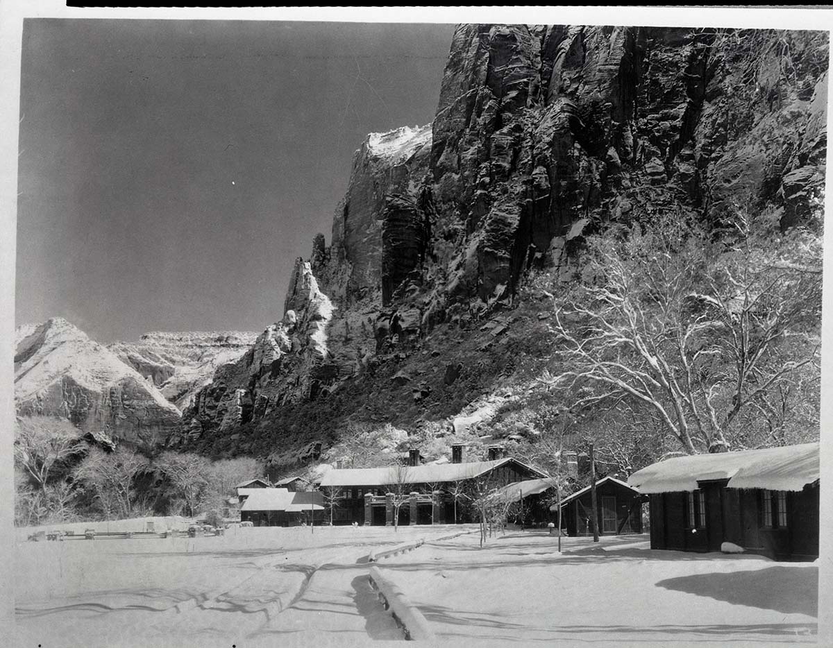 Zion Lodge covered in snow, circa 1930.