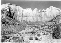 West Temple, Towers of the Virgin, and the Altar of Sacrifice, photo by George A. Grant.