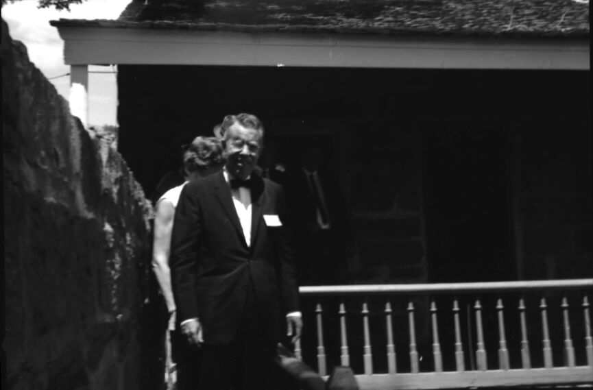 Arizona Governor Jack Williams speaking with visitors on the path at Pipe Spring National Monument following the dedication ceremony of Arizona State Highway 389, Fredonia, Arizona, August 5, 1967.