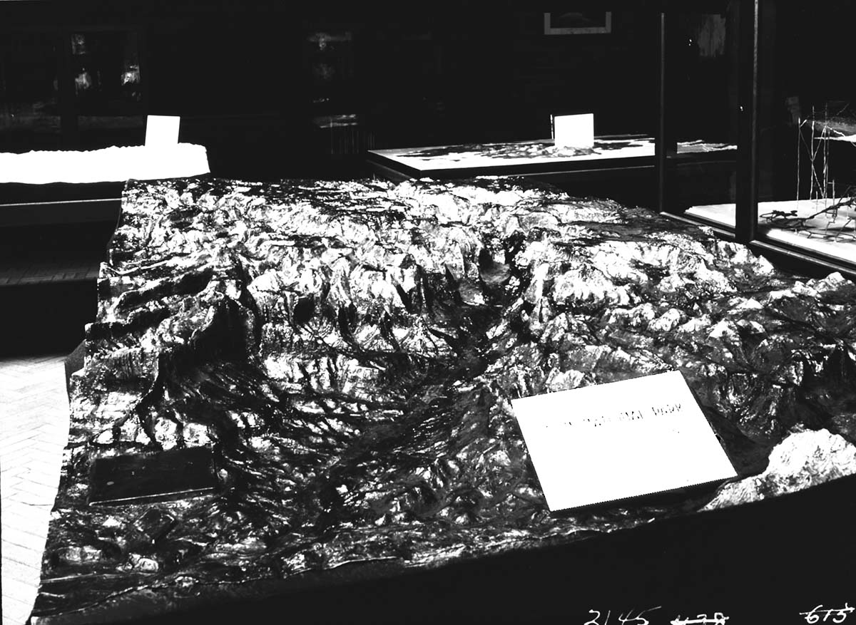 Completed Zion National Park relief map exhibit, photographed by Civilian Conservation Corps (CCC) worker ross in a workshop at the Western Museum Laboratory (WML) in Berkeley, California in 1935.