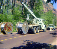 Construction vehicles in operations during the Zion Lodge utilities project.
