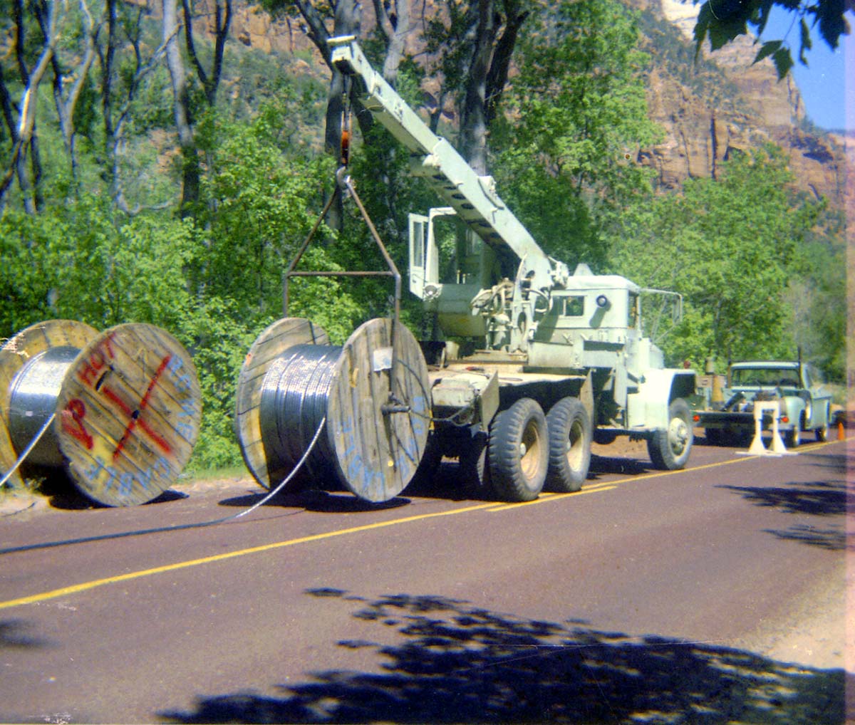 Construction vehicles in operations during the Zion Lodge utilities project.