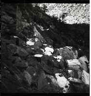 BW photo of rock slide near Echo Rock - 2.5" x 2.5".