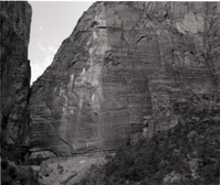 Rubble pile at base of canyon wall after rock slide. Birch Creek.