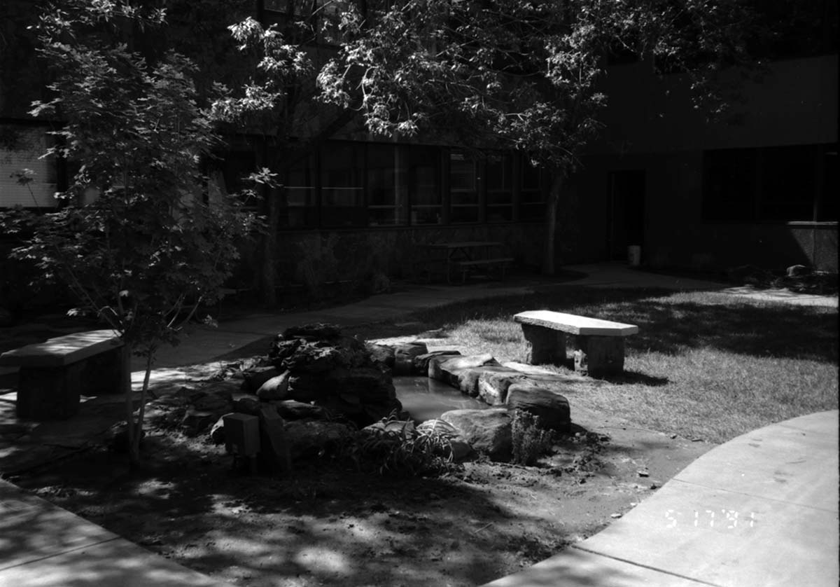 Water fixture in the courtyard are in headquarters during the construction of headquarters addition.
