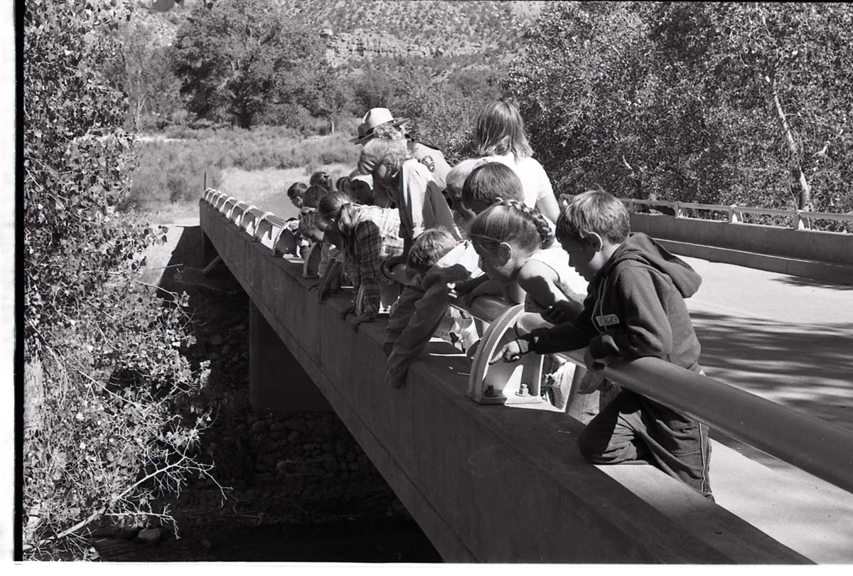 BW Photos of Junior Ranger Activities in Zion. On vehicle bridge near Watchman Housing Area.
