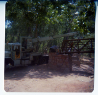 Construction vehicle working during the emplacement of the new Zion Lodge footbridge.