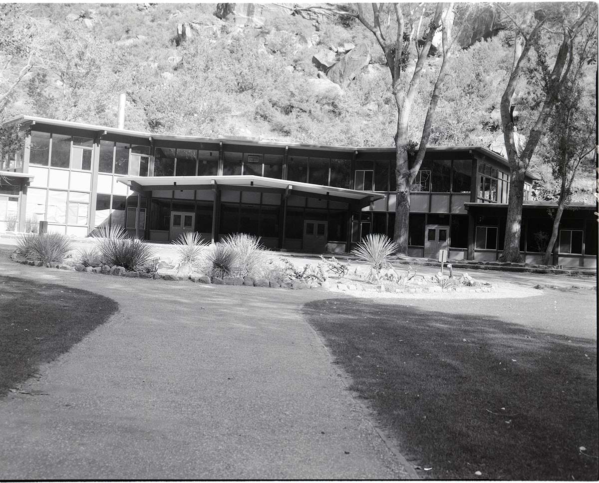 Restoration of Zion Lodge after fire of January 28, 1966 - general view building.