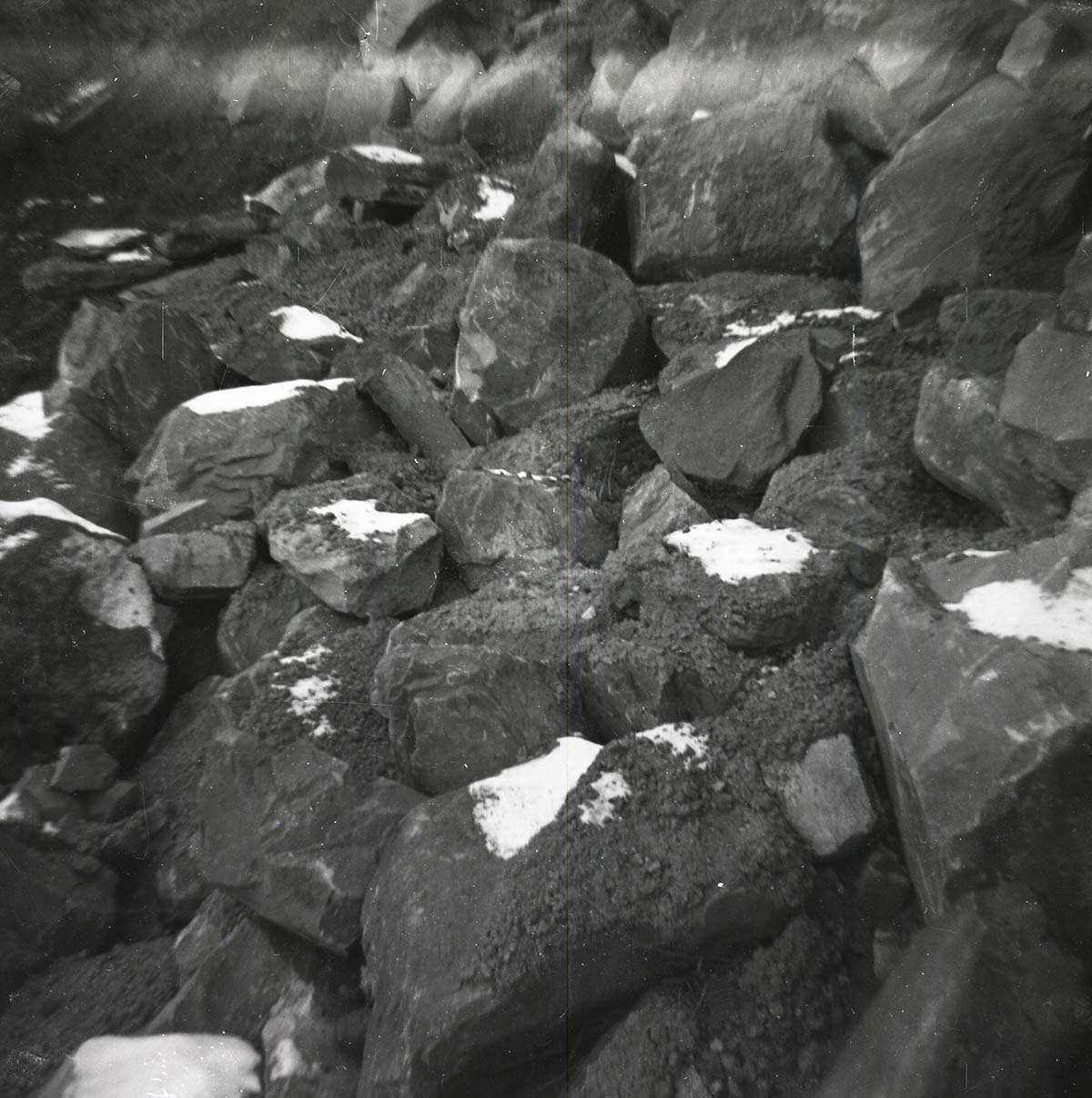 BW photo of rock slide near Echo Rock - 2.5" x 2.5".